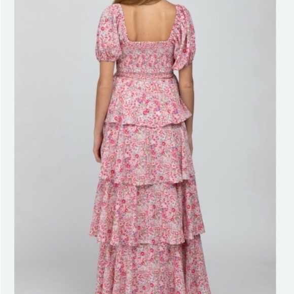 Pink Floral Tiered Maxi Dress with Smocked Bodice and Puff Sleeves - Picture 4 of 7
